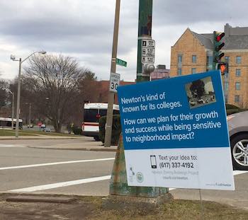 One of the signs placed throughout Newton asking for feedback related to zoning